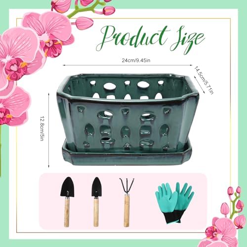 Teenyyou 9.5" Orchid Pot Ceramic with Hole Saucer for Repotting, Green - Image 2