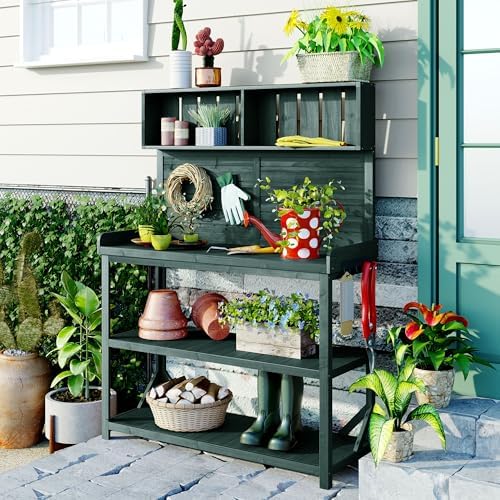 Solid Fir Wood Potting Bench - Outdoor Garden Workstation with 4-Tier Shelves, Side Hooks & Anti-Tipping Safety Device (Forest Green, Standard) - Image 6