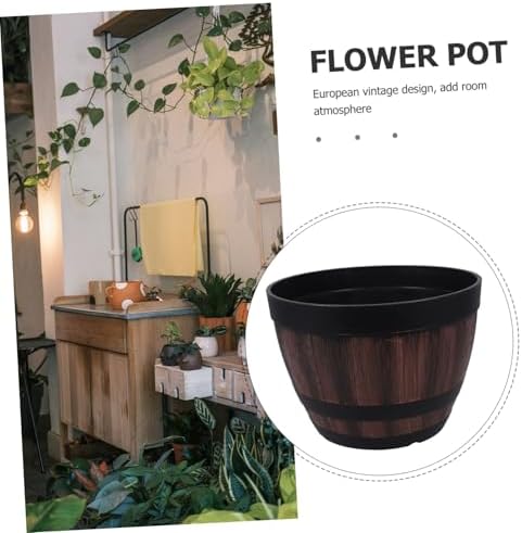 Vintage Resin Whiskey Barrel Planter with Drainage Thick Outdoor Flower Pot for Succulent Cactus Indoor Garden Patio Decor - Image 3