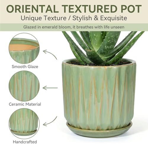 10 Inch Ceramic Planter Pot with Saucer Drainage Leak-Proof Mesh,Flower Pots for Indoor Plants with Gardening Gloves,Ceramic Planter(Light Green) - Image 3