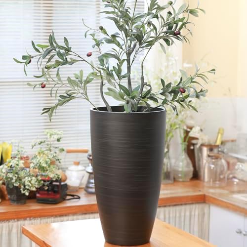 Tall Round Planter 2Pack-11.8"W*21"H Dark Wooden Grain Finish Flower Pots Indoor Decorative Container Garden Patio Outdoor Indoor Plants Unbreakable Resin With Drainage Hole&Movable Insert Shelf - Image 4