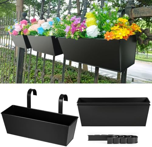 3 Pcs Large Hanging Flower Pots for Railing Or Fence 16 Inch Railing Planter Box for Any Balcony, Porch or Deck Countryside Style Window Planter Boxes Are Perfect to Herbs & Flowers for Garden (Black) by JFMAMJ
