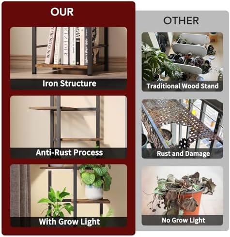 Plant Stand Indoor with Grow Light, 6-Tiered Tall Plant Stand Indoor, Metal Plant Shelf with Bookshelf Bookcase and Adjustable Light, Ideal for Living Room, Reading room, Garden, Patio (Brown) - Image 4