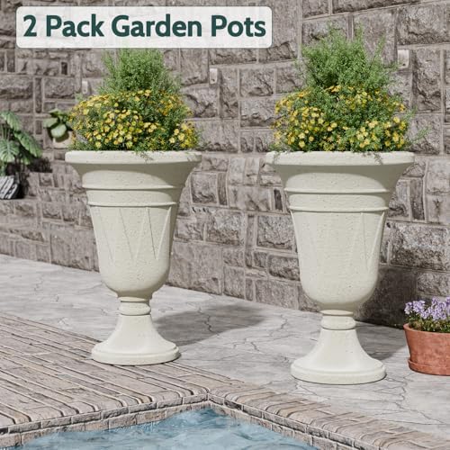 Tall Plastic Urn Planters and Pedestal - 24" Outdoor Planter Beige - Image 7