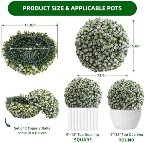 15.7 Inch Artificial Hanging Topiary Balls Set of 2, Faux Flower Balls for Garden Patio Wedding Valentine's Day Decor, Outdoor Indoor Hanging Decorations for Porch Front Door Party, White - Image 7
