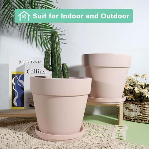vensovo 8 Inch Pink Clay Pot for with Saucer - Large 2 Pcs Terra Cotta Plant Pot with Drainage Hole, Flower Pot with Tray, Terracotta Pot for Indoor Outdoor - Image 5
