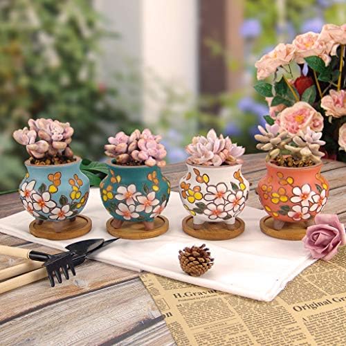 Hand Painted Tall Round Succulent Planter Cactus Planter Pot Clay Pot Flower Pot Floral Design with Bamboo Trays Pack of 4 (3 Inch) - Image 3