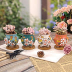 Hand Painted Tall Round Succulent Planter Cactus Planter Pot Clay Pot Flower Pot Floral Design with Bamboo Trays Pack of 4 (3 Inch) - Image 3
