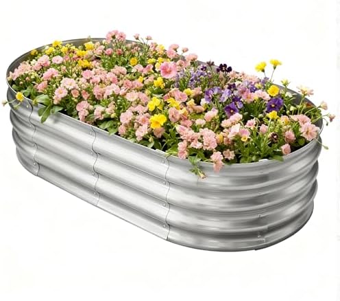 TATAANTY Galvanized Raised Garden Bed for Outdoor: 4X2X1ft Durable Metal Vegetable Plant Container Kit - Oval Planter Box for Gardening Flower Trough by TATAANTY