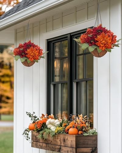 Hydrangea 11" Fall Hanging Baskets Sunflowers Small Artificial Flowers Fall Hanging Decor Sunflowers Flowers Red Orange Fake Hydrangea Faux Plants Indoor Outdoor Porch Garden Autumn Home Decorations - Image 4
