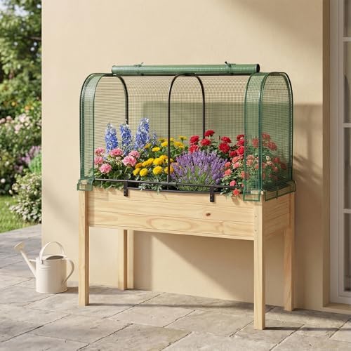 Giantex Raised Garden Bed with Cover, Wood Elevated Planter Box with Legs & Mini Greenhouse, Waterproof Sun-Protective PE Green House Cover, Outdoor Use for Fruit Vegetable Flower Herb (Green+Natural) - Image 2