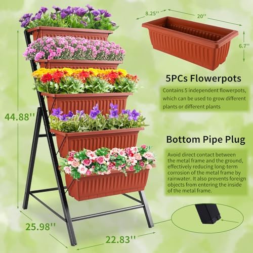 Homdox 3.74FT Vertical Garden Bed, 5 Tiers Raised Garden Planter, 23 * 26 * 45Inch Outdoor Stand with 4 Hooks for Vegetable Flower, Patio Yard, Brown - Image 2