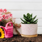 Tiger Print Light Pink White Planter Ceramic Animal Tiger Print Round Plant Pots with Drainage Holes and Bamboo Tray Pot for Succulents Cactus Garden Windowsill - Image 5