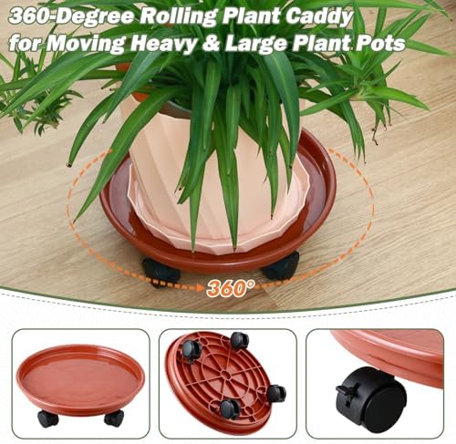8 Packs Plant Caddy with Wheels 11.8" Plastic Rolling Plant Stands Heavy-Duty Plant Dolly with Casters Indoor and Outdoor Plant Roller Base Large Heavy Plant Pot Saucers with Wheels, Rust Red - Image 3
