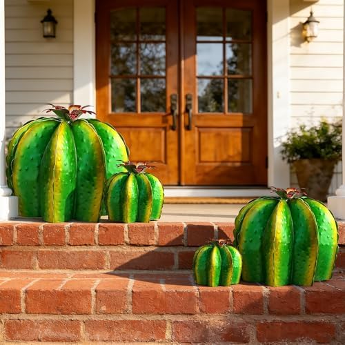 KODIBO Metal Cactus Yard Art, 4-Pack Artificial Barrel Cactus with Flower - Image 6