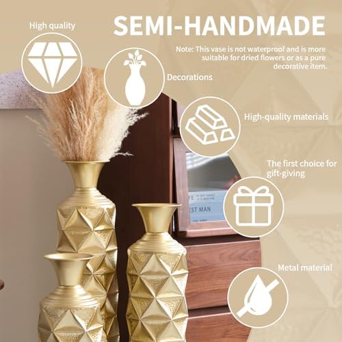 Tall Floor Vases Set of 3 for Decor Living Room Floor, Gold Vases Home Decor, Embossed Body Pattern, 33.5" H/29.5" H/25.2" H Geometric Cylinder (Gold 3) - Image 4