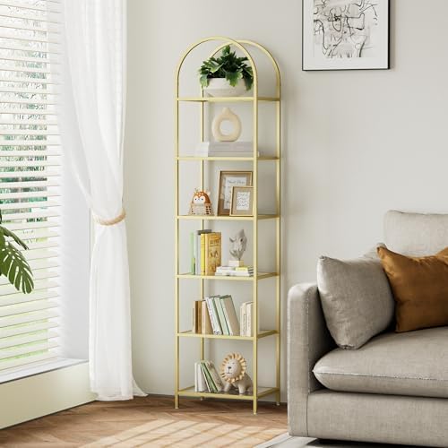 Homhedy 6-Tier Tall Gold Bookshelf, Arched Bookcase with Glass Shelves by Homhedy