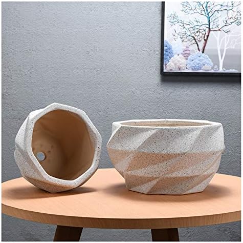 Planter Pots Geometry Ceramic Outdoor Indoor Garden Planters Plant Containers with Drain Hole Flower Modern Decorative Gardening Pot (Color : Pink) (Beige B) - Image 4