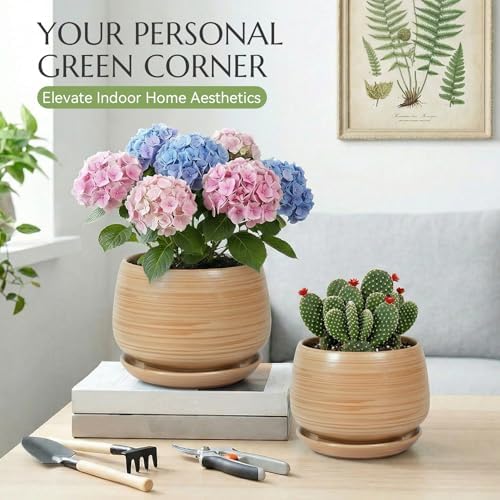 7.5 Inch Flower pots for Indoor Outdoor Plants with Saucer Drainage Leak-Proof Mesh, Ceramic Planter with Gardening Gloves for Succulent and Flower(Khaki Striated) - Image 2