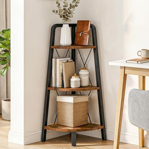 HOOBRO Corner Shelf, 3-Tier Corner Shelf Stand, 40” Tall Ladder Bookshelf, Industrial Corner Display Shelf Plant Stand for Living Room, Kitchen, Home Office, Rustic Brown BF143CJ01 - Image 2