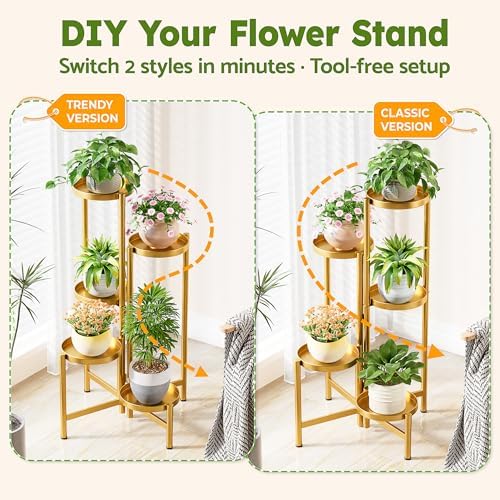 Tall Gold Plant Stand Indoor Outdoor, Corner Metal Flower Pot Stands for Multiple Plants, 5 Tiered Heavy Duty Plant Shelf for Patio Garden Balcony Living Room Bedroom - GoldDisk - Image 4