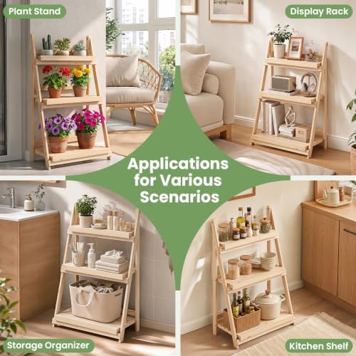 GIANTEX Foldable Wooden Plant Stand, 3-Tier Ladder Plant Shelf, Natural - Image 5