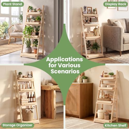 GIANTEX Foldable Wooden Plant Stand, 4-Tier Ladder Plant Shelf, Natural - Image 5