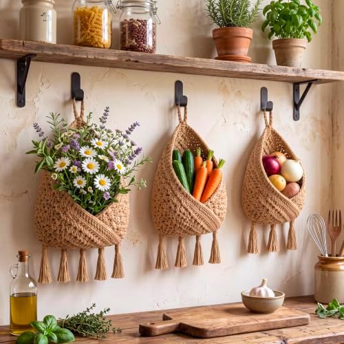 Honeydak 3 Hanging Baskets, Light Linen, Triangular Tassel, Jute - Image 2
