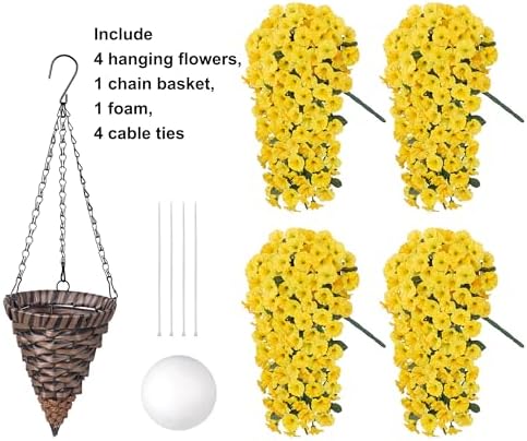 HyeFlora Artificial Fake Hanging Flowers Plants Baskets for Outdoor Outside, Faux Silk Yellow Morning Glory Flowers UV Resistant Look Real Hanging Planter for Home Porch Patio Balcony Yard Decor - Image 2