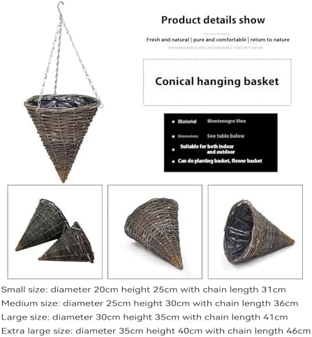 Slate Cone Rattan Hanging Basket, 2pcs Hanging Weaving Flower Basket with Chain Hook, with Chain Hook Conical Rattan Vertical Planter Basket with Plastic Film Liner for Home Garden Balcony,20x25cm - Image 3