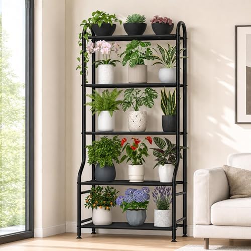 5-Tier Metal Plant Stand - Heavy Duty Indoor Outdoor Flower Shelf for Multiple Pots, 65" Tall Vertical Holder with Adjustable Leveling Feet & Wall-Fixing Kits, Black by Yutrchey