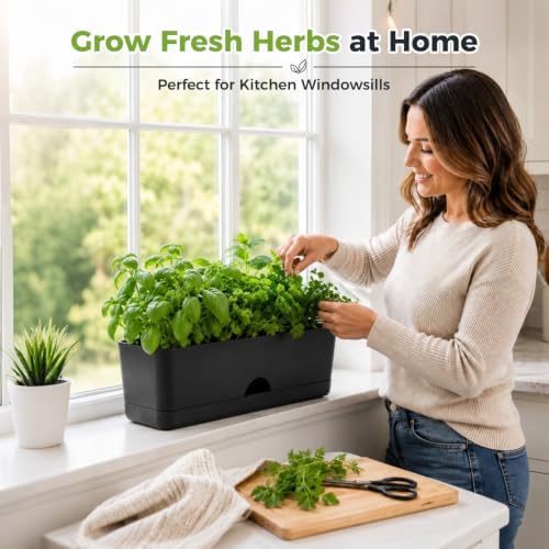 6 Pack Rectangle Planter 16x4.4 Inch Window Boxes Planters Rectangular Window Sill Planters Indoor Self Watering Plant Pots with Drainage Holes and Saucers Succulent Herb Flower Pots, Black - Image 2