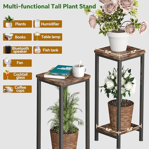 Homeiju 2-Pack Plant Stand Indoor, 2 Tier Wood Corner Plant Stand, Modern Square Plant Shelf Flower Stand for Living Room Patio Balcony Garden, Rustic Brown - Image 3