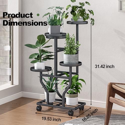 Plant Stand with Wheels, Black 5 Tier Metal Plant Shelf for Indoor Outdoor - Image 3