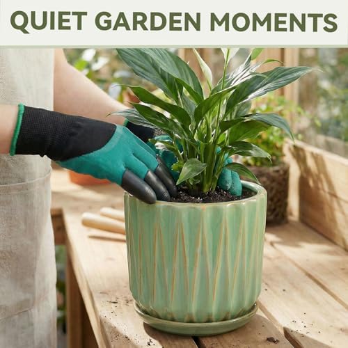 7.5 Inch Ceramic Planter Pot with Saucer Drainage Leak-Proof Mesh,Flower Pots for Indoor Plants with Gardening Gloves,Ceramic Planter(Light Green) - Image 5