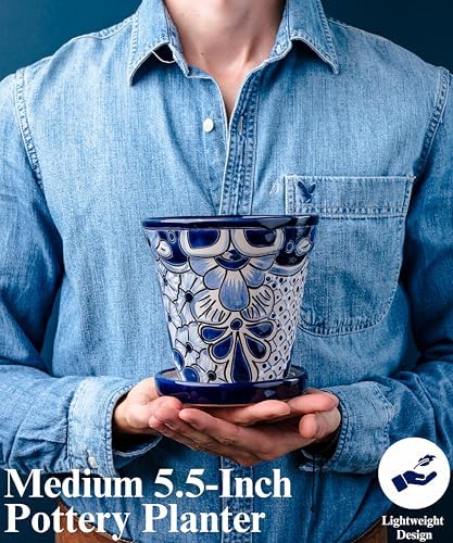 Talavera Planter - Mexican Ceramic Pot with Drainage (White & Blue-Medium) - Image 4