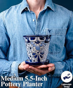 Talavera Planter - Mexican Ceramic Pot with Drainage (White & Blue-Medium) - Image 4