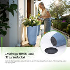 QCQHDU Set of 2 9 Gallon Tall Large planters for Outdoor/Indoor Plants of 12" Dia x 21" H Round Flower Pots Set Faux Stone Finish Front Door Patio Square Porch Planters with Tray, Sky Blue - Image 3