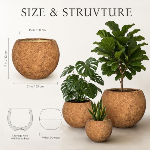 17" H x 21"Dia Brown Fiberstone Planter Pot with Drainage Hole, Large Round Handcrafted Decorative Flower Pot for Indoor Outdoor Plants, Rustic Stone-Look Planter for Patio, Porch, Garden & Home Décor - Image 3