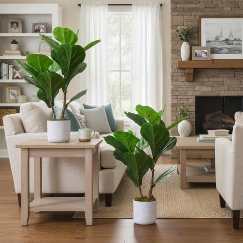 2 Pack Realistic Artificial Fiddle Leaf Fig Trees in Marble-Look Pots – Faux Green Potted Plants for Indoor Home & Office, Cement Moss Base, 40cm - Image 4