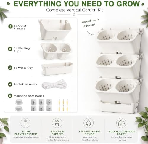 Briwooody 3 Set 6 Pocket Vertical Stackable Wall Planters Kit Outdoor Self Watering Plastic Planter Grow Hang Mount System for Strawberry Flower Vegetable Home Fence Balcony Wall Decor - Image 6