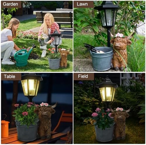 Highland Cow Statues Outdoor Solar Sculptures with Solar Lights and Flowerpot Funny Garden Decor Animal Figurines Resin Outdoor Statues for Patio Yard Lawn Balcony Grandma Mom Gifts - Image 6