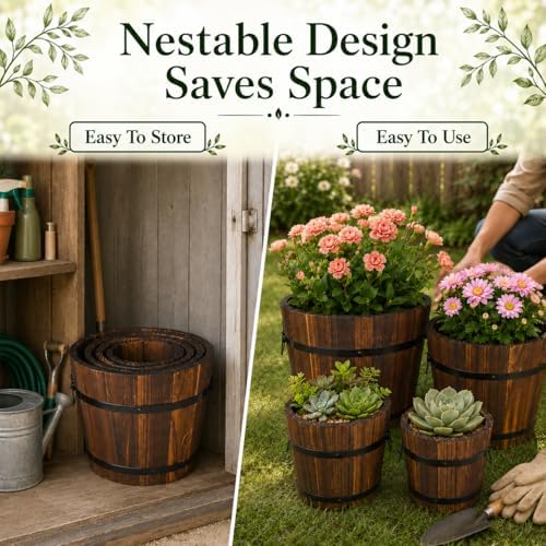4 PCS Wooden Whiskey Barrel Planters, Wine Barrel Flower Pot with Rubber Hoops, 4 Sizes Versatile Planter for Indoor and Outdoor Plants - Image 7