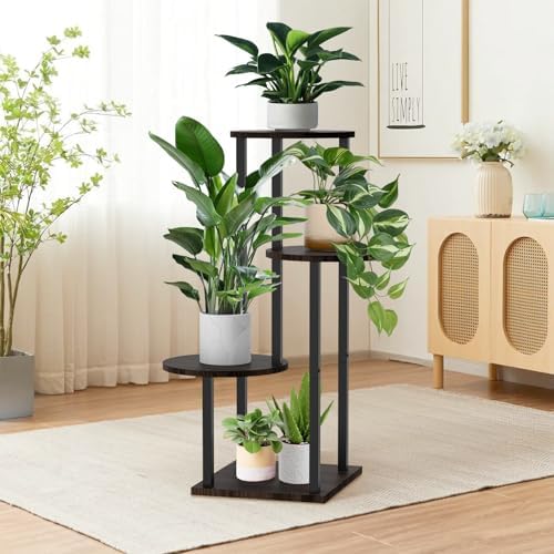 4 Tier Plant Stand Indoor, Metal Wooden Tall Plant Shelf Flower Pot Stand for Multiple Plants, Corner Flower Holder Plant Display Rack for Living Room Balcony Patio Garden (Black) - Image 2