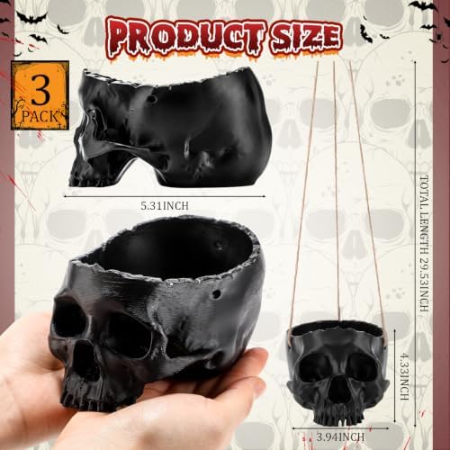 3 Pack Hanging Skull Planter Pot with Ropes, Black - Image 2