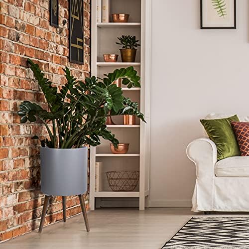 D'vine Dev 14 Inch Planter Pot with Wood Stand, Grey, 88-O-D-3 - Image 5