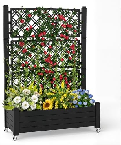PatioZen Raised Garden Bed with Trellis, 21 Gallon Self Watering Planter Box with Lockable Wheels & Drainage Holes for Climbing Plants Vegetables Flowers, Anti-Rust Resin for Backyard Patio (Black) by OutdoorLivingPerfected