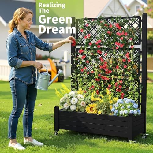 EasyUp Rolling Garden Planter Box with Trellis & Lockable Casters, Outdoor Raised Bed with Drainage & Water Gauge, Durable Resin for Patio, Balcony, Yard, Dust-Proof (Black, 43.43 * 18.27 * 64.29) - Image 4