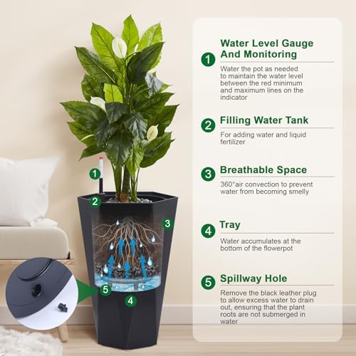 2 Pack 22 Inch Tall Diamond Planters, Modern Self-Watering Flower Pots with Water Level Indicator for Indoor & Outdoor Plants, Patio, Porch, & Home Décor, Black - Image 3