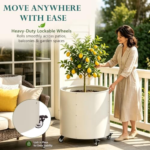 2 Pack Large Round Metal Tree Planter with Wheels, 22"Tall Outdoor Tree Pot - Image 3